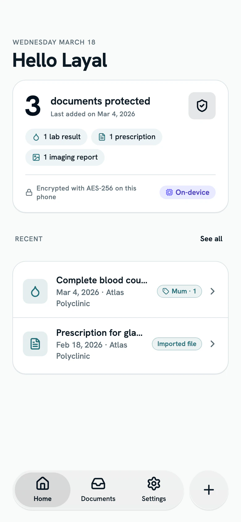 Vela home screen: 3 protected documents, encrypted with AES-256 on this phone