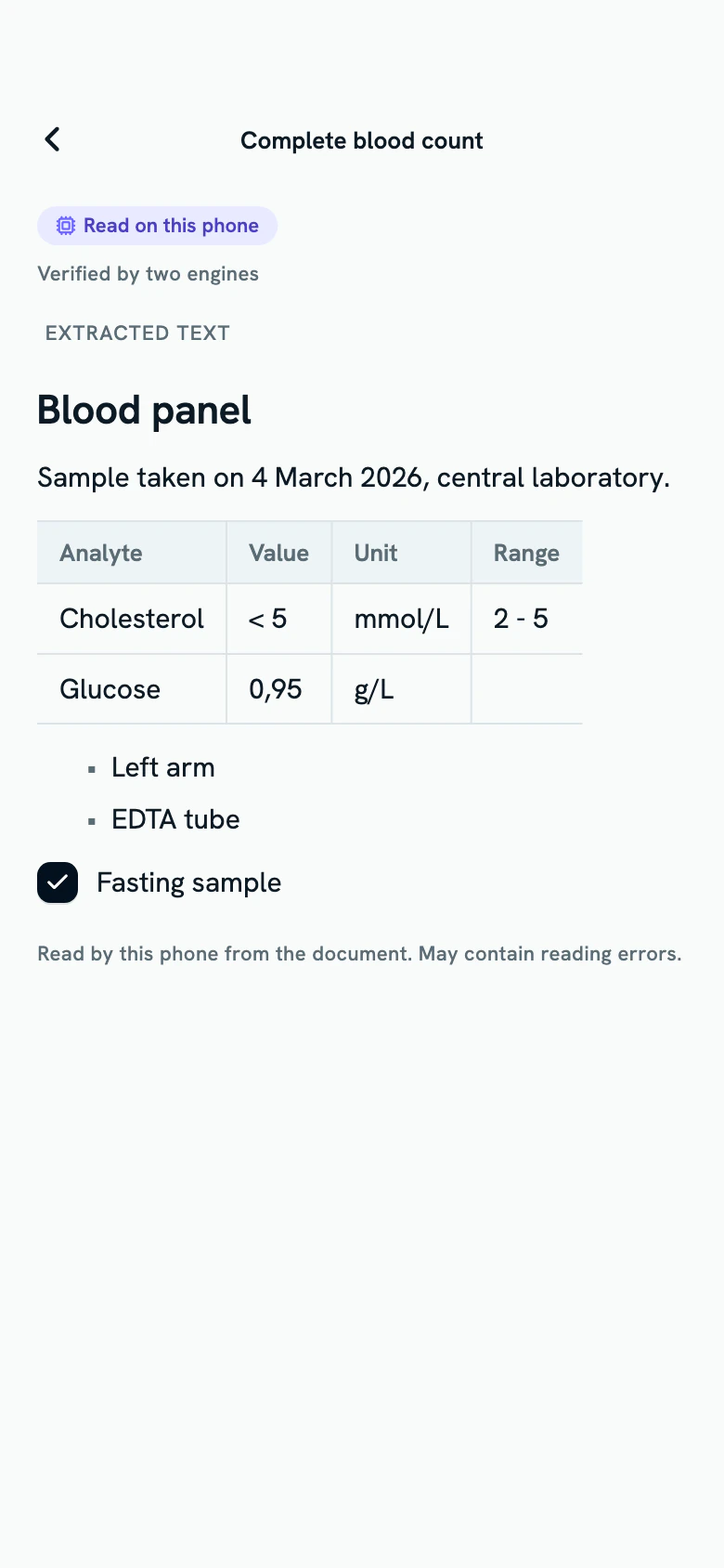 The extracted text, with its heading, table and list