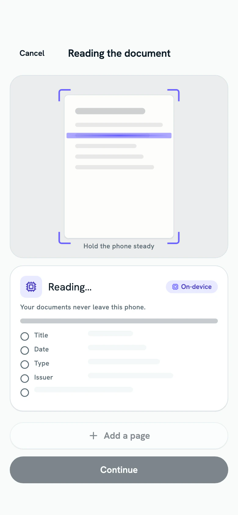 The document being read on the phone, with the violet scan line