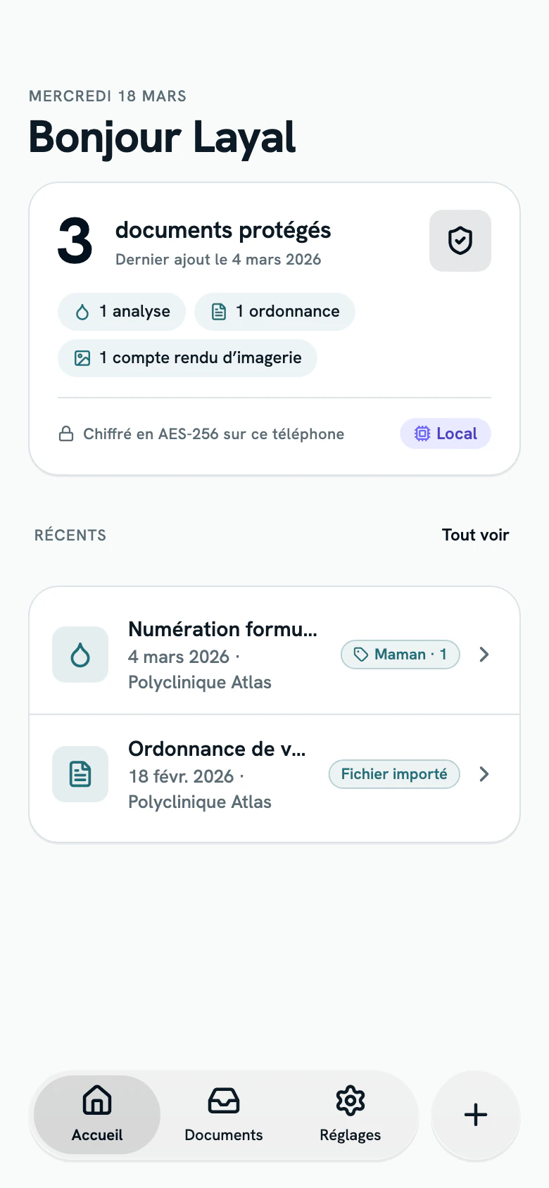 Écran d’accueil de Vela : 3 documents protégés, chiffrés en AES-256 sur ce téléphone