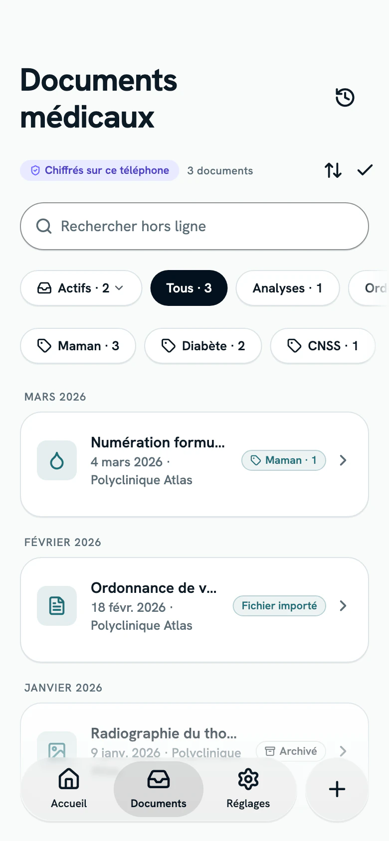 La bibliothèque, avec la recherche et les filtres par type et par étiquette