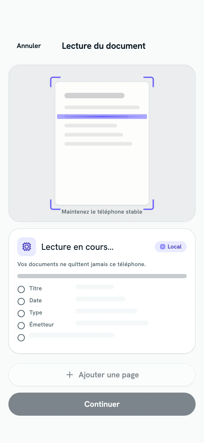 Lecture du document sur le téléphone, avec la ligne de lecture violette